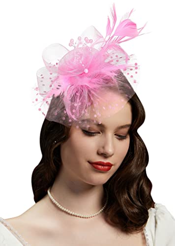 Fascinators Hat for Women Tea Party Headband Kentucky Derby Wedding Flower Cocktail Mesh Feathers Hair Clip - color: 1-pink