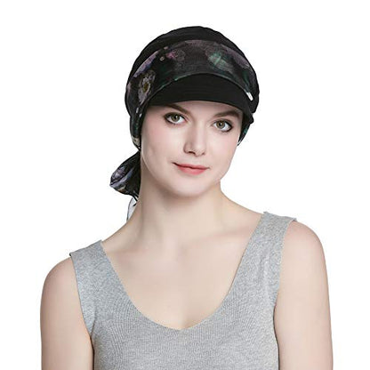 Alnorm Breathable Cotton Hat and Scarf Set Chemo Headwear for Women - color: Black Rose