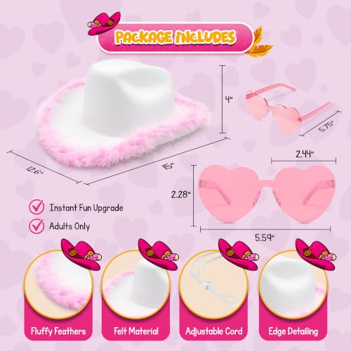4E's Novelty Cowboy Hat with feathers With Heart Shaped Sunglasses for Women, Felt Cowgirl Hat for Party Costume Dress Up - color: White & Pink