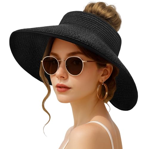 Sun Hats for Women Wide Brim Straw Sun Visors Ponytail Hat - color: Black