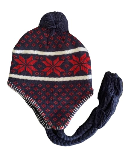 Nayt Men's Peruvian Helmet Style Earflap Strings Beanie Knit Hat - color: Navy Blue Red Khaki