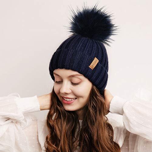 FURTALK Womens Winter Knitted Beanie Hat with Faux Fur Pom Warm Knit Skull Cap Beanie for Women - color: Navy With Navy Pom