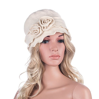 Womens Gatsby 1920s Winter Wool Cap Beret Beanie Crochet Bucket Flower Hat A285 - color: White
