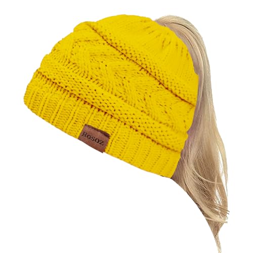 Rosoz 2 Pack Ponytail Beanie for Women,Winter Warm Beanie Tail Soft Stretch Cable Knit Messy High Bun Hat - color: 1pack-yellow