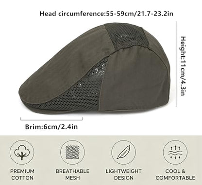 DIYDECAL Mens Cotton Mesh Newsboy Cap Flat Ivy Gatsby Hat Summer Driving Cabbie Cap - color: Dark Green