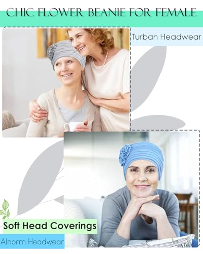 Alnorm Flower Design Chemo Hair Loss Caps Cancer Headwear for Women - color: Blue Green