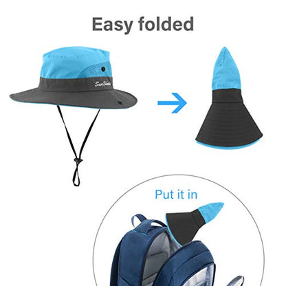 2 Pieces 5-14Y Kids Summer Sun Hat Wide Brim UV Protection for Girls Ponytail Beach Bucket Cap - color: Purple＆sky Blue