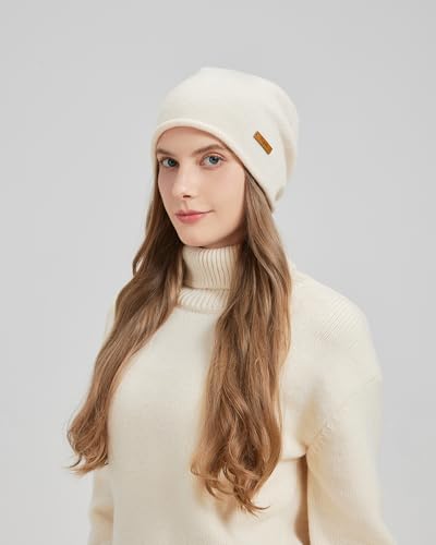 100% Merino Wool Slouchy Beanie Hat, Women Warm Winter Caps Soft, Ladies Breathable & Cozy Stretchy Knitted Skull Cap - color: Beige