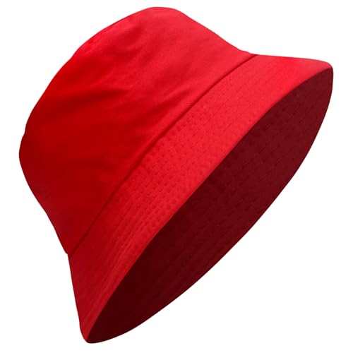 PFFY Reversible Bucket Hat for Women Men Cotton Sun Beach Fishing Cap - color: Pure Red (Reversible)