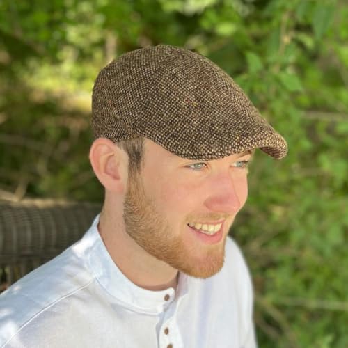 Hanna Hats Traditional Tweed Wool Donegal Touring Cap. Unisex Ivy Hat. Sewn Peak and Taffeta Lining. 100% Made in Ireland. - color: Brown Fleck, size: Small