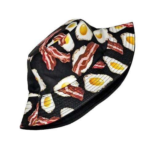 Printed Bucket Hat - Reversible Packable Summer Travel Beach Sun Cap for Men Women Teens - color: Bacon Egg