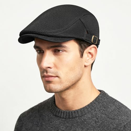 Initlove Mens Mesh Newsboy Cap Breathable Beret Ivy Hat Cabbie Driving Hats for Women - color: Black