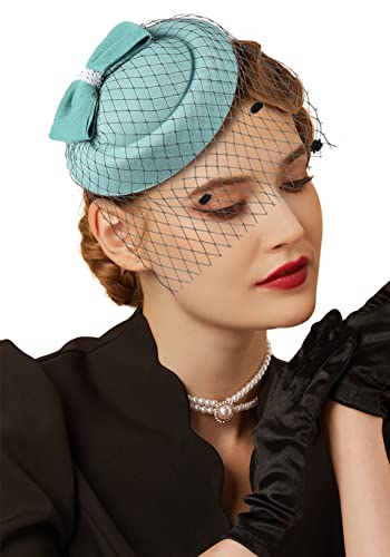 Fascinator Hats for Women 20s 50s Vintage Pillbox Hat Kentucky Derby Fascinators Flower Veil Wedding Tea Party Hat - color: 11c-green