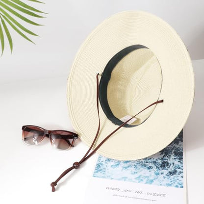 DRESHOW Womens Summer Straw Sun Hat Wide Brim Bucket Hats Fedora Hat Panama Beach Hat with Chin Strap UPF 50+ - color: 1 Pack Panama Hat: Oatmeal White