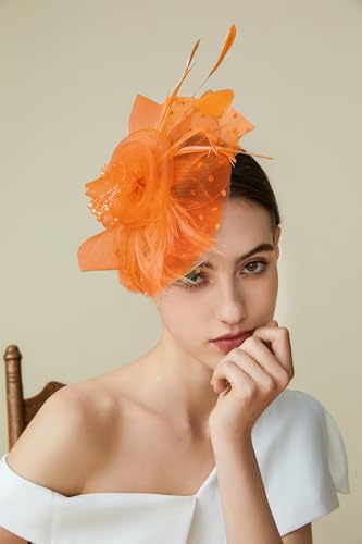 BABEYOND Fascinators Hats for Women Tea Party Flower Tulle Bead Derby Hat - color: Orange