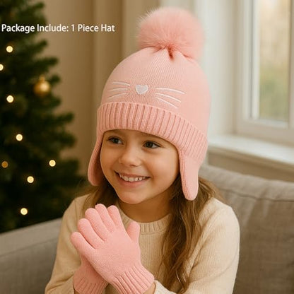 Girls Beanie Knit Hat with Ear Flaps Rainbow Cat Hats Toddler Kids Winter Outdoor Skull Snow Ski Cap Age 2-10 - color: Pink, size: 5-10 Years