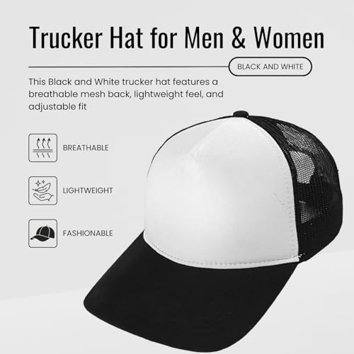 Trucker Hat for Men & Women, Mesh Back Baseball Cap, Adjustable Snapback, Breathable Lightweight Black Cap - color: White & Black (Pack of 1)