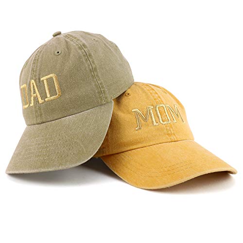 Trendy Apparel Shop Capital Gold Thread Mom and Dad Pigment Dyed 2 Pc Cap Set - color: Mango Khaki