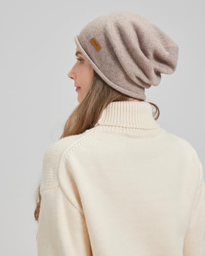 100% Merino Wool Slouchy Beanie Hat, Women Warm Winter Caps Soft, Ladies Breathable & Cozy Stretchy Knitted Skull Cap - color: Light Camel