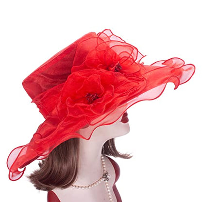 Lawliet Womens Dressy Wide Brim Church Wedding Occasion Sun Hat A613 - color: Red