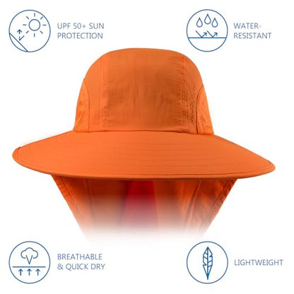 BASSDASH UPF 50+ Unisex Water Resistant Wide Brim Sun Hat with Large Neck Flap Ponytail Fishing Hat for Men Women - color: Orange