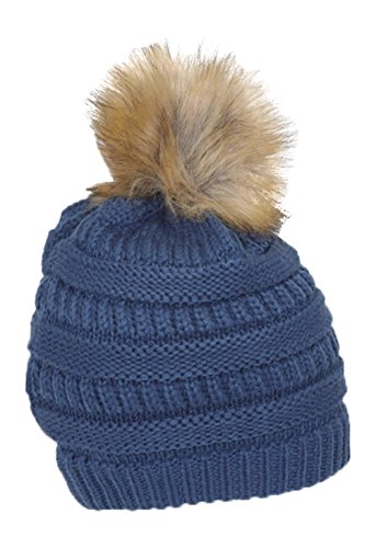 Gravity Threads Cable Knit Faux Fur Pom Pom Beanie Hat - color: Dark Denim