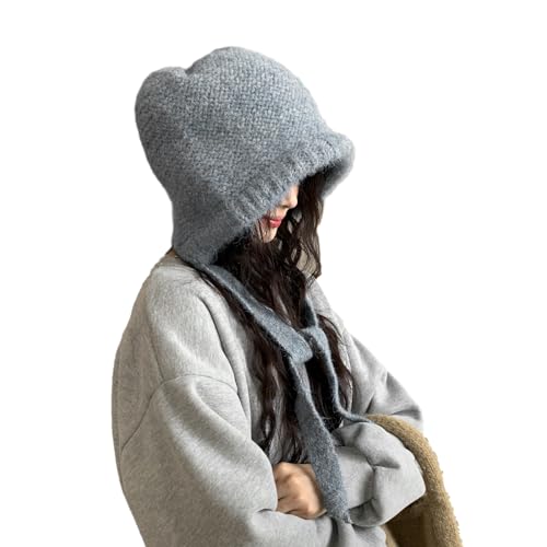 LumiSyne Winter Wool Knitted Hat Adjustable Drawstring Dual Purpose Earflap Hat and Knitted Bag Slouch Beanie Baggy Skull Cap - color: Grey