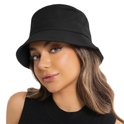 Wheebo Solid Color Bucket Hat for Women Summer Beach Fishmen Hat for Lady Adult Unisex Cotton Cap…… - color: A-sc-black