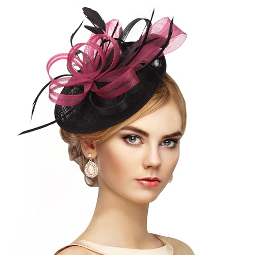 Zinniday Black Feather Fascinators Headband - 2026 Vintage Derby Hats Mesh Victoria Tea Party Kentucky Hat for Women - color: Red Black