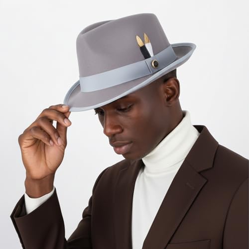 Fedora Hats for Men & Women Short Brim Felt hat Trilby Fedora with Feather Panama Dress Hat - color: Grey, size: Large