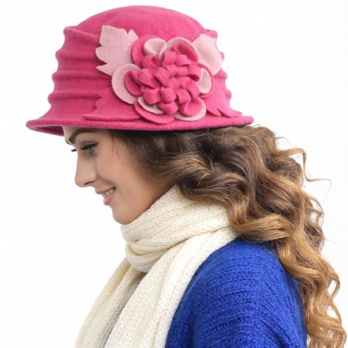 Vintage Women Floral Wool Dress Cloche Winter Hat 1920s - color: C020-rose