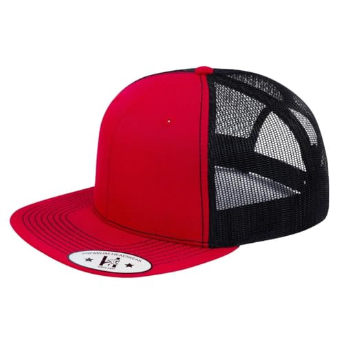 DT-118 Blank 6-Panel Flat-Bill Snapback Trucker Hat - color: Red and Black T6f-rtc-b