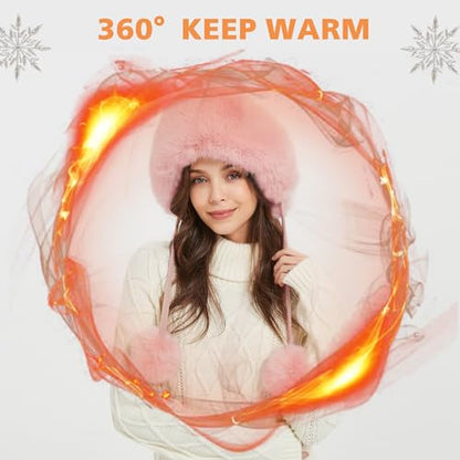 Winter Hats Cute Kint Hat Russian Fur Crochet Hat Slouchy Beanies with Pompom Warm Fuzzy Snow Cap Trapper Hat for Women - color: Dark Pink