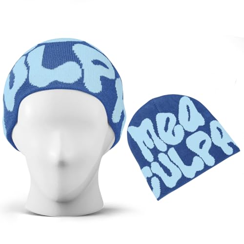 TaowaveWomen Beanie Y2k Hat,MEA Culpa Graphic Beanies Designs,Winter Hat Knit Skull Cap for Women - color: Blue Blue