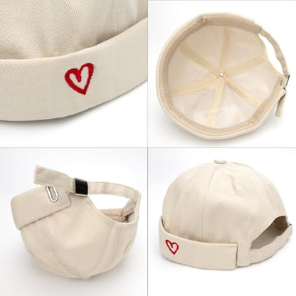 Men Docker Cap Brimless Skullcap Sailor Cap Rolled Cuff Retro Beanie Hat with Adjustable - color: Heart Beige