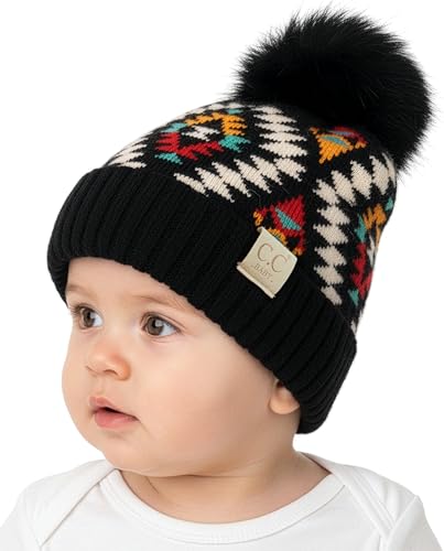 Funky Junque Baby Pom Pom Beanie – Soft Knit Infant Winter Hat for Baby Girls & Boys, Cozy Warm Newborn Beanie 0–12 Months - color: Aztec Pattern - Black