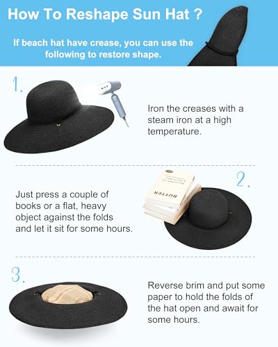 Sun Hats for Women, Summer Wide Brim Straw Beach Hat - color: Black, size: X-Large