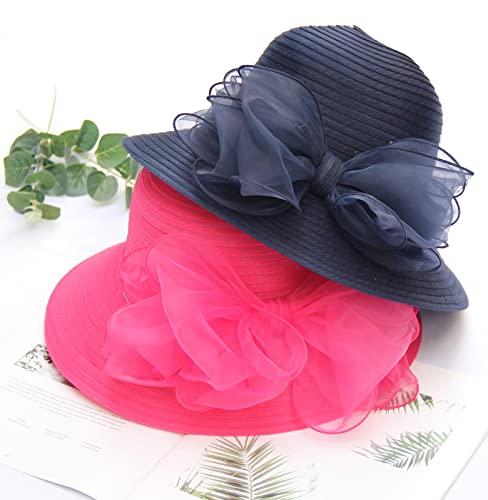 Women's Kentucky Derby Church Dress Hat Wide Brim Leaf Flower Bridal Shower Hat - color: 01 Rose
