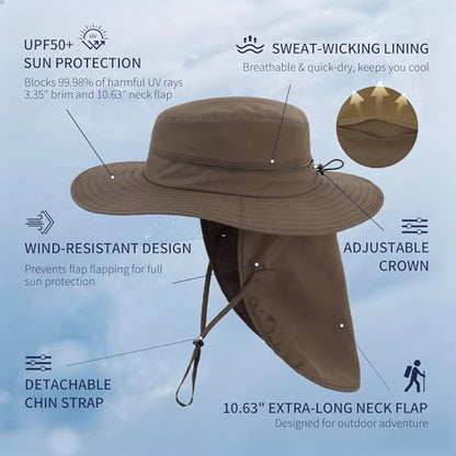 Connectyle Wide Brim Sun Hat for Men Women UPF 50+ Breathable Fishing Hat with Neck Flap Outdoor Hiking Safari Bucket Hats - color: Army Green