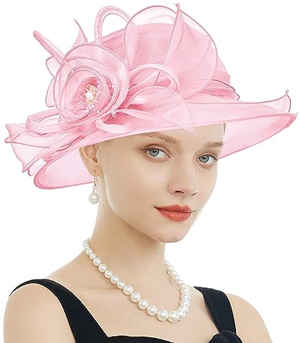Women's Kentucky Derby Church Dress Hat Wide Brim Leaf Flower Bridal Shower Hat - color: F8 Pink