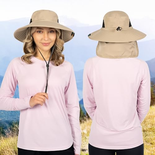SUN CUBE Wide Brim Sun Hat for Men & Women, UPF 50+ UV Protection, Mesh Boonie Hat with Chin Strap, Fishing Hiking Hat - color: Tan With Flap