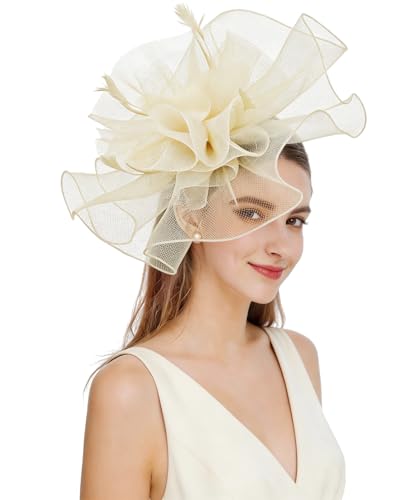 Z&X Sinamay Fascinator Hat Floral Feather Pillbox Derby Hats for Women Wedding Tea Party with Headband Clip - color: 006b Beige