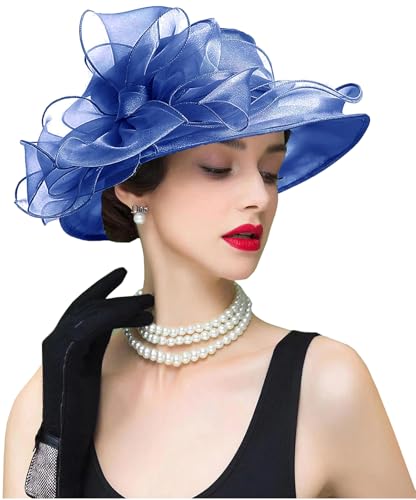 ORIDOOR Women's Organza Cloche Bowler Hat Derby Fascinator for Tea Party Bridal Wedding Hat - color: 011c1-dark Blue