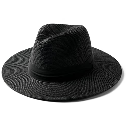 FURTALK Sun Hat Wide Brim Straw Fedora Panama Beach for Men Women - color: Black, size: Medium-Large