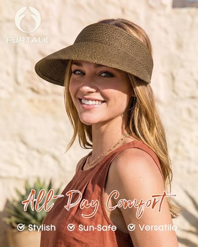 FURTALK Sun Visors for Women Straw Summer Hat Packable Wide Brim Beach Cap - color: Brown
