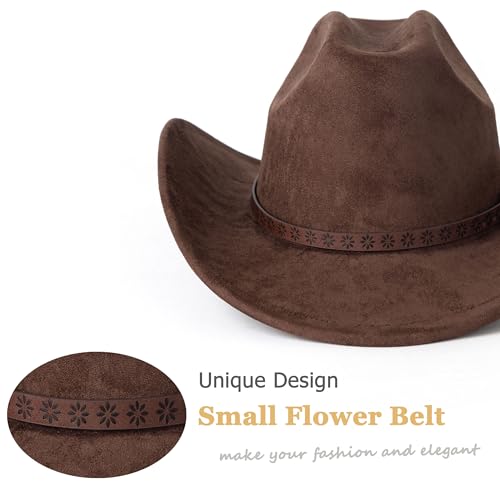 Western Cowboy Hat for Women Men Retro Suede Hat - color: Coffee-small Flower Belt