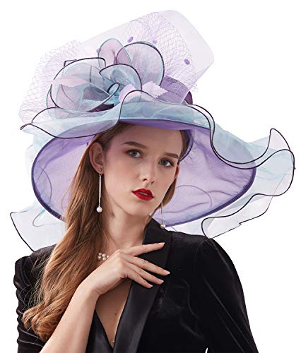 ORIDOOR Women Hats Headband Hairpin Organza Fascinator Church Hat Floral Tea Party Wedding Hat - color: 003e Purple