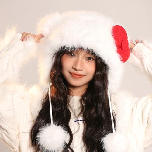 Winter Cute Faux Fur Trapper Hat for Women Cartoon Animal Ear Sherpa Beanie Hat Furry Cover with Pom Earflap Gifts - color: White