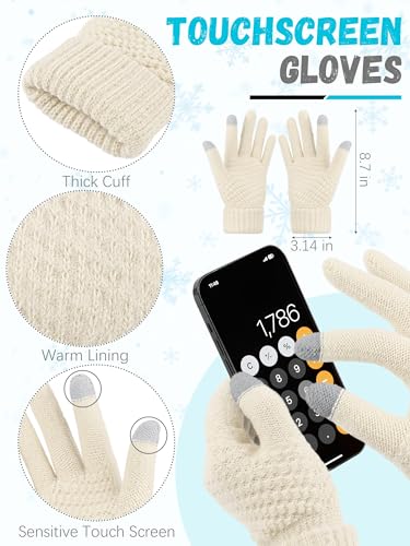 LOROME Winter Beanie Hat Scarf Gloves, Warm Fleece Knit Neck Scarf Set Gift - color: Beige