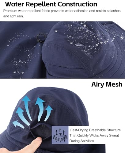 Home Prefer UPF 80+ Sun Hat for Men Women Wide Brim Sun Hat with Neck Flap Summer Beach UV Protection Gardening Fishing Hat - color: Navy Blue